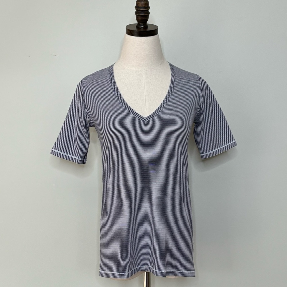 Lululemon | Go Go V Neck Tee Shirt, Blue and White Stripes, Size 4